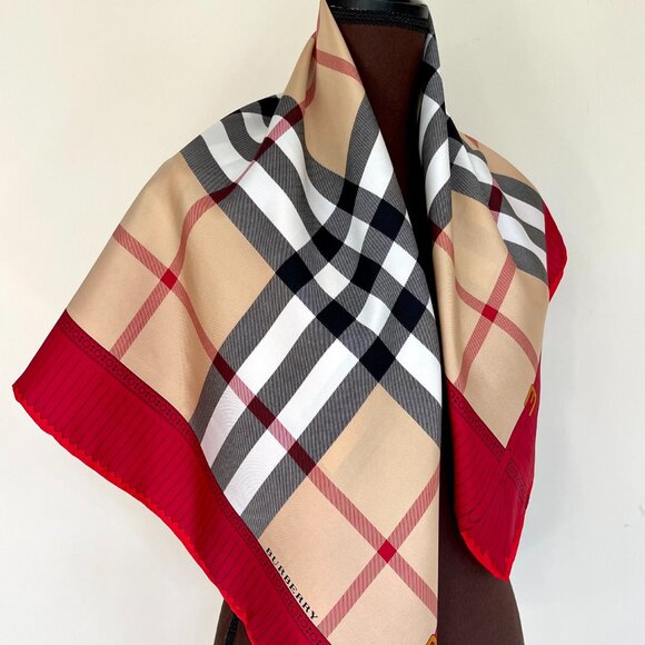 NWT Burberry Scarf Iconic Beige Check Red Border Silk Wrap - Picture 5 of 15